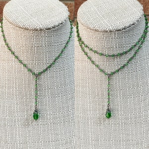 GREEN WITH ENVY Green and Gunmetal Y Necklace with Teardrop Dangle * Single or Double Choker  Green Teardrop Necklace Black and Green Lariat