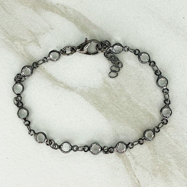 CRYSTAL Gunmetal & Glass  Bracelet  *  Black Bracelet * Black and Crystal Bracelet * Simple * Minimal * Great to Stack or Layer *