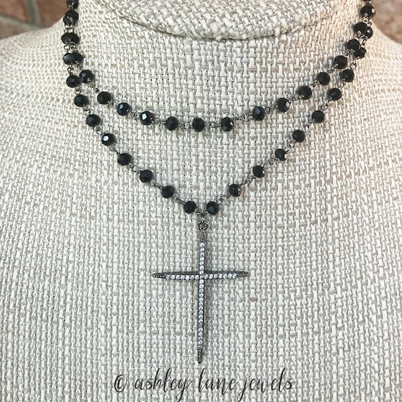 Skinny Black Clear CZ Cross Necklace * Single or Double Choker * Crystal Beaded Rosary Chain