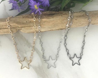 STAR ATTRACTION Glass Chokers - Choose  Gunmetal , Gold or Silver *  Open Star Pendant *  Black * Bezel * Simple * Minimal *Stacking