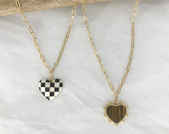 HEART & SOUL Necklaces * Checkerboard Heart Pendant * Tiger Eye Heart Pendant * Enamel Black White Checked Heart * Brown Tiger's Eye * Layer