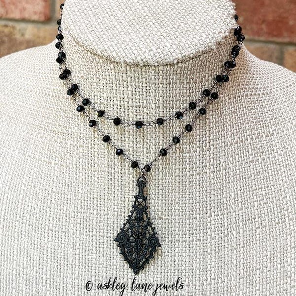 Black ARABESQUE Beaded Single or Double Choker * All Black Necklace * Large Filigree Victorian Pendant