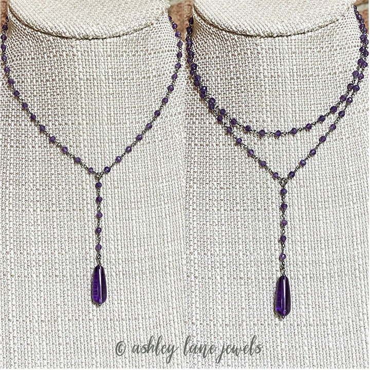【BLACK PURPLE】VINTAGE CUBIC CHAIN NECKLACE☆男女兼用☆ PURPLE CRAZE Gunmetal Black Y Necklace With Teardrop Dangle