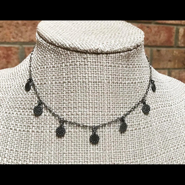 CARMEN * Gunmetal Black COIN CHOKER * Necklace *  Dangling Coins * To Layer * Layering *  Minimal * Tiny Textured Disc * 7 Charms * Simple *