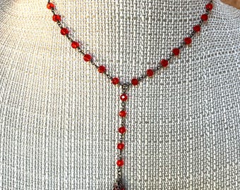 SEEING RED Gunmetal Black Y Necklace with Teardrop Dangle * Single or Double Choker Lariat
