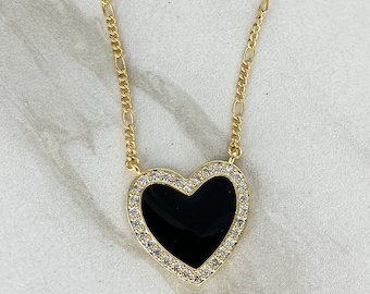 BLACK ENAMEL HEART Necklace * Black cz Heart Necklace * Simple * Minimal * Gold Layering Necklace * Gold and Black Heart Necklace