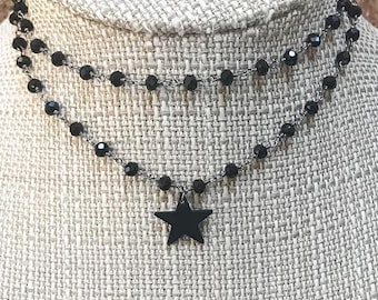 MIDNIGHT STAR All Black Beaded Choker * Double or Single Layering Necklace