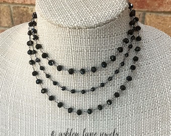 CRYSTAL LAYERS All Black Beaded Choker * 90's Layering Necklace