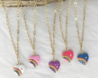 RAINBOW HEART Enamel Necklace * Choose Pink White Purple Hot Pink Blue * Great to Layer *  Stack Necklace * Layering Necklace *  Gold Chain