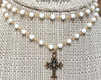 CHRISTY White Beaded Choker with Antique Gold Fleur Cross Pendant * Single or Double Necklace