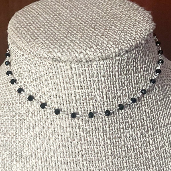 BLACK & SILVER Beaded Necklace * Simple * Minimal * Black Crystal Beaded Chain  Delicate Black and Silver Necklace * Black Layering Necklace