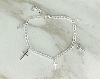 Dainty Sterling Silver Cross Charm Bracelet * Religious Jewelry