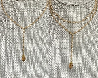 Gold SPARKLING CHAMPAGNE Beaded Y Necklace with Teardrop Dangle * Single or Double Choker *  Tan Glass Necklace * Teardrop Lariat Necklace