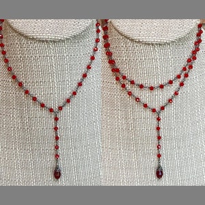SEEING RED Gunmetal Black Y Necklace with Teardrop Dangle * Choose Single or Double Choker  Red Glass Necklace Red Crystal Teardrop Necklace