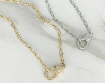 CLAWZ Gold or Silver Pave LOBSTER Clasp Necklace * Fancy Oval Chain *  CZ Functional Lobster Clasp * Trendy