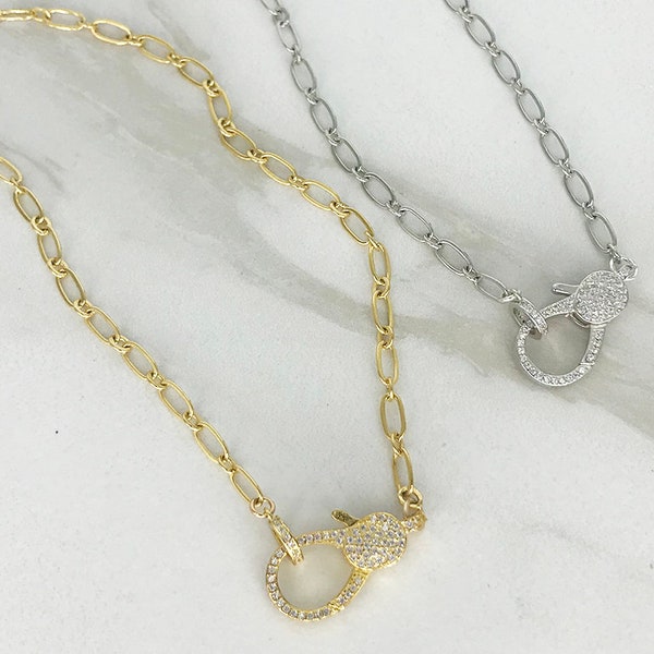 CLAWZ Gold or Silver Pave LOBSTER Clasp Necklace * Fancy Oval Chain *  CZ Functional Lobster Clasp * Trendy