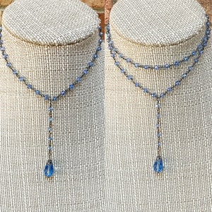 BABY BLUES Gunmetal Black Y Necklace with Teardrop Dangle   Light Blue Choker  Light Blue Glass Necklace   Blue Crystal Teardrop Necklace