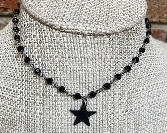 MIDNIGHT STAR All Black Gunmetal Star Choker * Double or Single Glass Beaded Layering Necklace *  Goth 90s