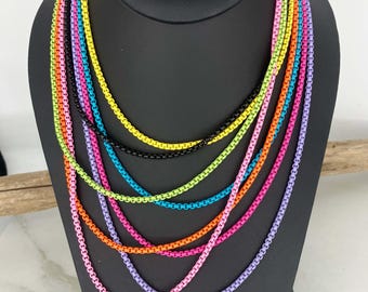 UNCHAINED Thin 3mm Colorful Enamel Chain Necklaces 3mm Enamel Box Chain  Pink Turquoise Black Orange White Yellow Green Blue Purple