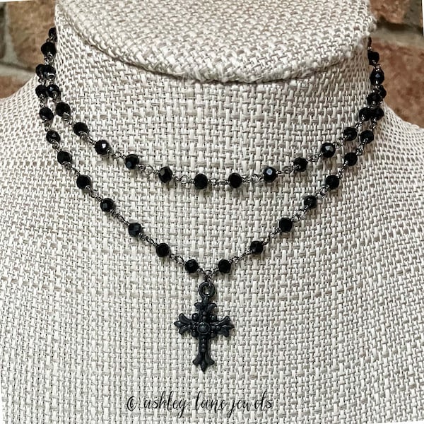 COUTURE All Black Fleur Cross Necklace * Single or Double Choker * 90s Whimsigoth Gothic Alternative