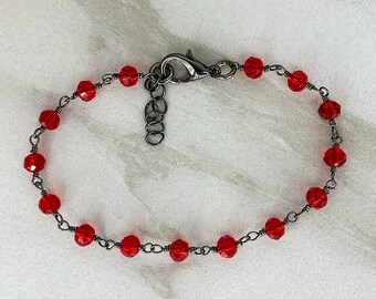 SEEING RED Gunmetal and Red Bracelet * Red and Black Bracelet *  Red Glass Beaded Bracelet * Red Crystal Bracelet