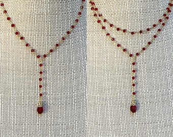 CRIMSON LITES Red and Gold Y Necklace with Teardrop Dangle * Choose Single or Double Choker Red Glass Necklace Red Crystal Teardrop Necklace
