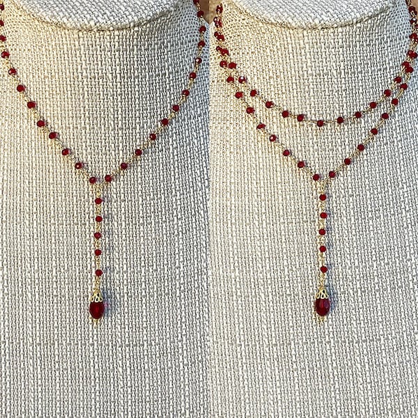 CRIMSON LITES Red and Gold Y Necklace with Teardrop Dangle * Choose Single or Double Choker Red Glass Necklace Red Crystal Teardrop Necklace