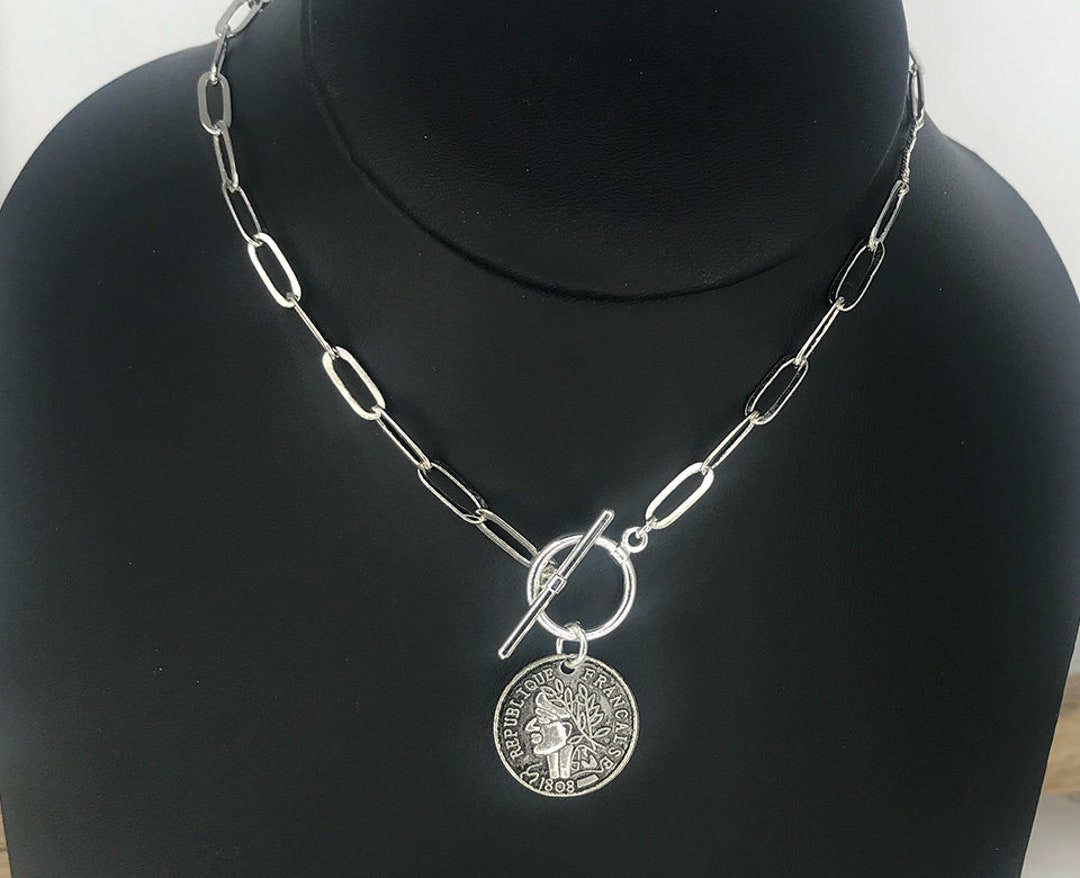 FRENCH TOGGLE Necklace Silver Paperclip Chain French Coin Statement ...