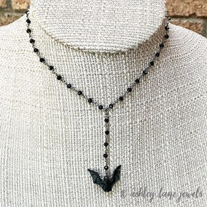 A LITTLE BATTY  Black Bat Necklace   Black Y Necklace   All Black Necklace  Black Bat Y Necklace  Black Flying Bat  Beaded Gothic Necklace