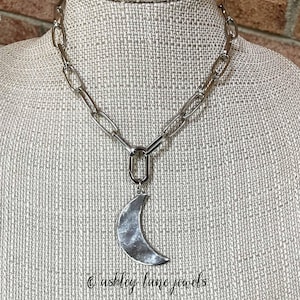 Silver CHUNKY CRESCENT Necklace * Large Hammered Moon on a Thick Chain * Removable Pendant