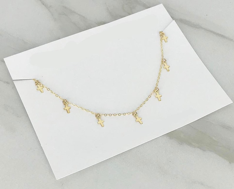 Minimal Delicate MADI Delicate and Dainty Dainty Sterling Silver Tiny Crosses 7 Dangling Crosses CROSS CHOKER Necklace