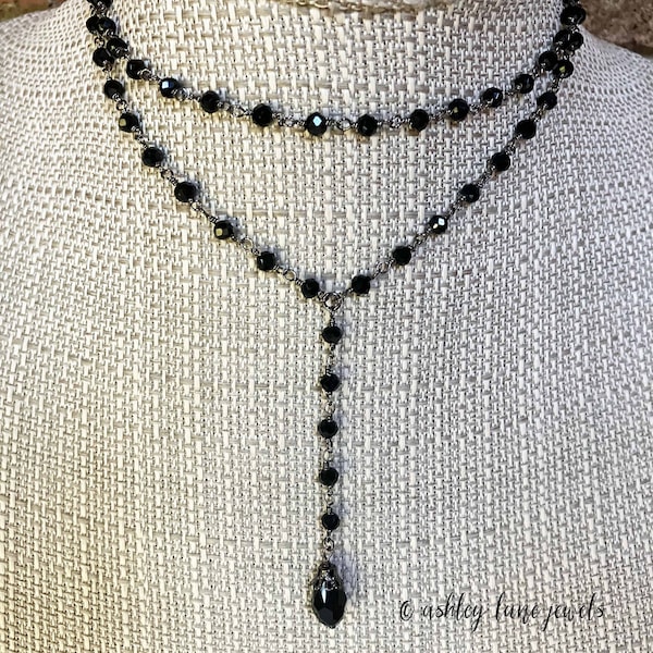 Collar SOPHIE totalmente negro en forma de Y * Colgante de lágrima de cristal * Gargantilla tipo lazo simple o doble * Estilo años 90
