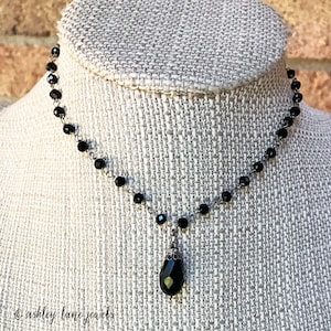 BLACK CRYSTAL TEARDROP Necklace  All Black Double Choker  All Black Necklace  Black Gothic Necklace  Black Teardrop Necklace