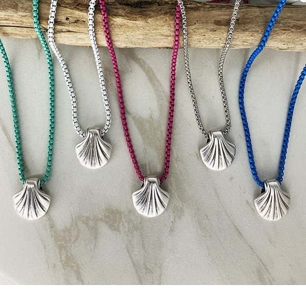 SILVER SEA SHELL Pendant Necklace *  Thin 3mm Colorful Enamel Chain Necklaces * Pop of Color * Box Chain * 19 colors * Bright Shell Necklace