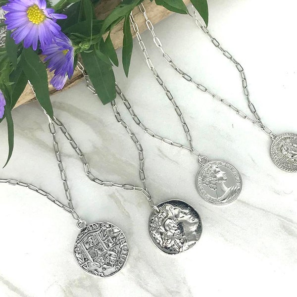 Large SHINY SILVER Coin Necklaces * Spanish Coin * Greek Medallion * Queen Elizabeth II * Mark Antony Roman Coin * Paperclip Chain