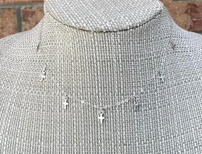 Minimal Delicate MADI Delicate and Dainty Dainty Sterling Silver Tiny Crosses 7 Dangling Crosses CROSS CHOKER Necklace