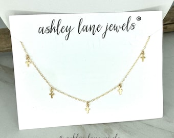 MADI CROSS Choker * All 14k Gold Filled Dangling Crosses * Tiny Cross Charm Necklace