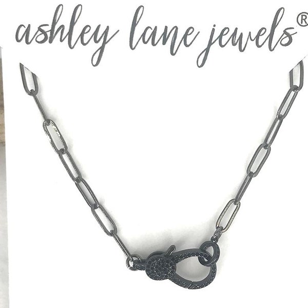 ROCK LOBSTER Black Gunmetal Pave Lobster Clasp Necklace * Fancy Oval Chain *  CZ Functional Lobster Clasp * Trendy * Statement