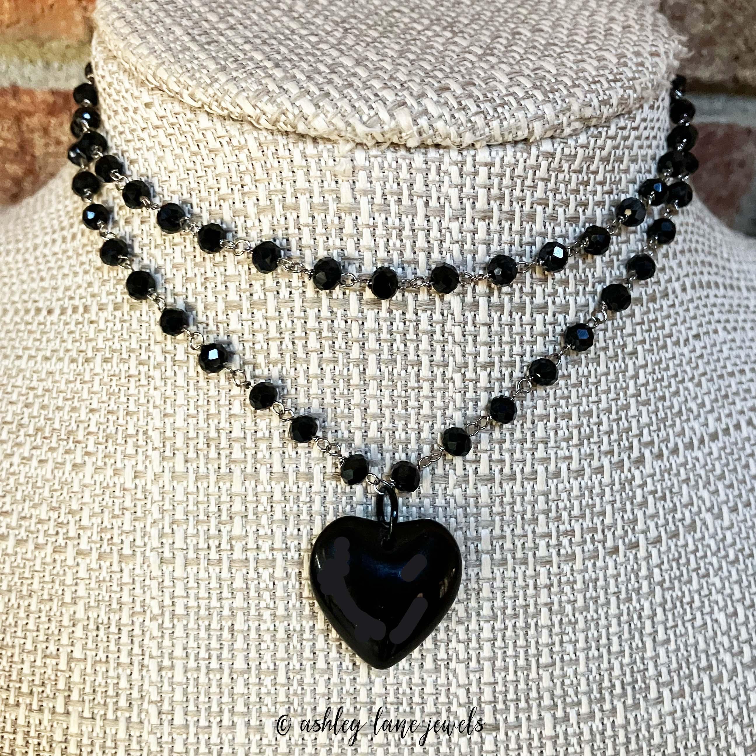BLACK GLASS HEART Necklace  Black Heart Choker  All Black Heart Necklace  All Black Necklace  Black Necklace to Layer  Black Puff Heart