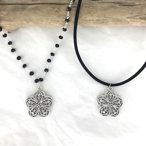 FLORAL MEDALLION Necklaces * Black Velvet Cord or Black & Silver Beaded Rosary Chain * Silver Flower Pendant * Silver Flower Necklace