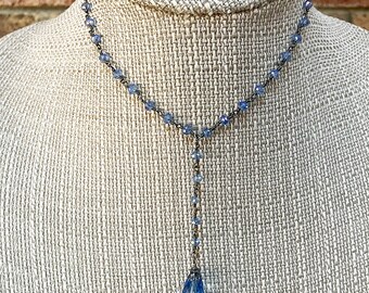 BABY BLUES Gunmetal Black Y Necklace with Teardrop Dangle * Light Blue Choker * Light Blue Glass Necklace * Blue Crystal Teardrop Necklace