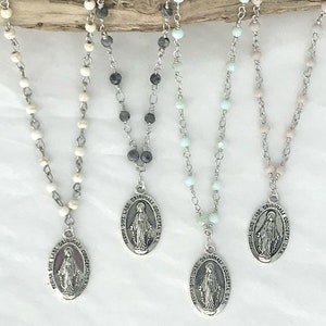 Silver MIRACULOUS Beaded Necklace * Neutral, Pink, Blue or Gray Rosary Beaded Chain Choker * Religious Medallion Silver Virgin Mary Necklace