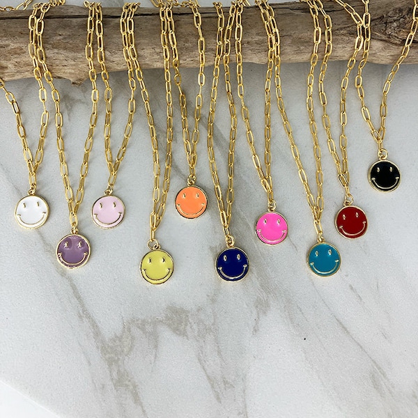 ENAMEL SMILEY Necklace * Colored Smiley Face Necklace * Smile * Happy Face Necklace  Gold with White Yellow Pink Orange Black Blue Red Lilac