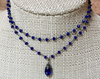Gunmetal ROYAL VELVET Beaded Necklace with Glass Teardrop Dangle Pendant * Single or Double Choker