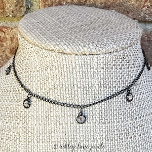 CRYSTAL DROPLETS Gunmetal and Glass Chain  Crystal dangle chain  Glass prisms  Great to Layer  Black Layering Necklace  Black Glass Choker