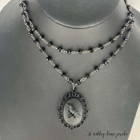 All BLACK RAVEN CAMEO Beaded Necklace * Single or Double Choker