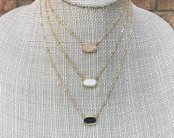 BROOKLYN Small Oval Druzy Pendant Necklace * Minimal *  Dainty * Bridesmaids * Gift * Layering * Satellite Chain * Sand White or Black