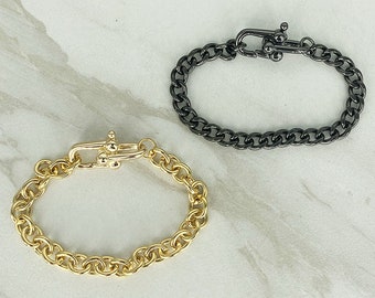 JAX Gold or Gunmetal U Shaped Lobster Clasp Bracelet * Chunky Chain * Chunky Gold Bracelet Chunky Gunmetal Bracelet Gunmetal Curb Chain