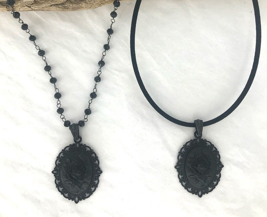 BLACK ROSE CAMEO Necklace Black Velvet Cord Necklace or Black Beaded