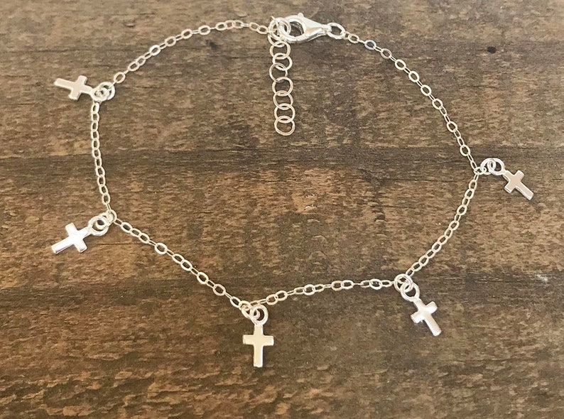 Minimal Delicate MADI Delicate and Dainty Dainty Sterling Silver Tiny Crosses 7 Dangling Crosses CROSS CHOKER Necklace